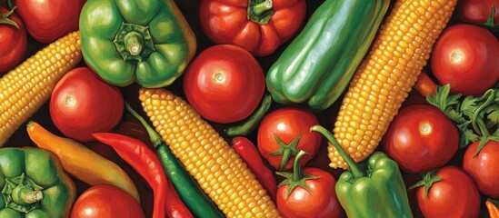 Aufkleber - Vibrant assortment of fresh vegan ingredients featuring green and red peppers corn and tomatoes arranged in dynamic overlapping pattern
