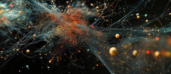 Aufkleber - Abstract cosmic visualization featuring glowing particles in gold and orange, set against a dark background with intricate blue and white strands.