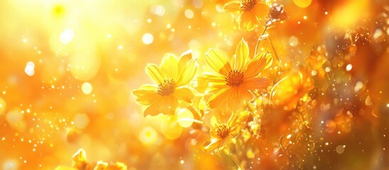 Poster - Vibrant golden flowers illuminated by warm sunlight glowing softly in a dreamy, bokeh-filled background exuding a serene and joyful ambiance