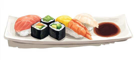 Poster - Vibrant sushi platter featuring fresh fish and colorful vegetables on a minimalist white plate with soy sauce on the side, elegantly arranged.
