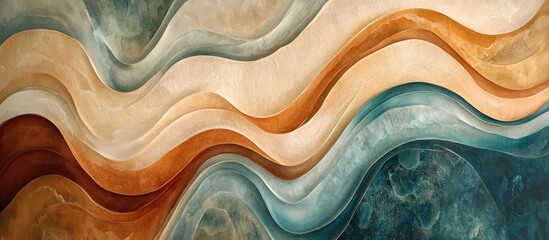 Leinwandbilder - Wavy abstract organic shapes in soft earthy tones of brown, cream, and teal create a calming atmosphere with fluid forms on a textured background.