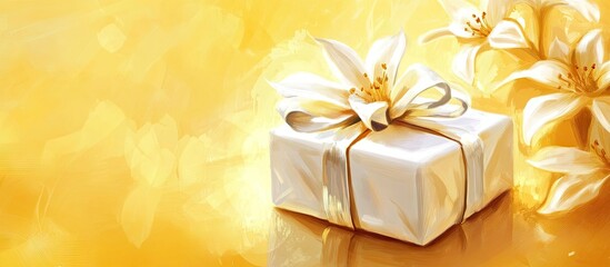 Aufkleber - White gift box with golden ribbon on a vibrant yellow background, accented by soft white lilies to create a joyful and festive atmosphere.