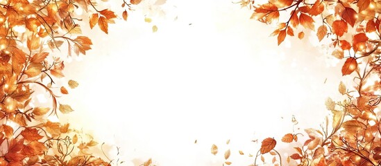 Poster - Autumn foliage frame with vibrant orange and yellow leaves at the top and bottom on a soft white background creating ample copy space.