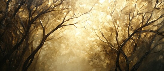 Fototapete - Golden sunlit forest with intricate dark branches silhouetted against a warm glowing background, creating an enchanting and serene atmosphere.