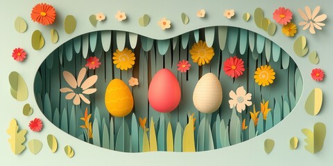 Poster - Easter pastel paper cut out background concept. Colorful Easter eggs surrounded by flowers and leaves in a playful arrangement