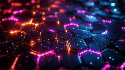 Wall Mural - a dark background with colorful hexagons and light