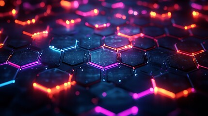 Wall Mural - a dark background with colorful hexagons and light