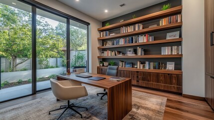 Poster - A contemporary home office featuring a minimalist bookshelf with open shelves, showcasing a clean and organized workspace with a touch of elegance.