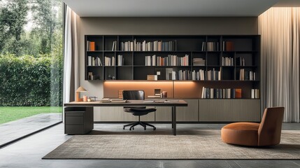 Poster - A contemporary home office with a minimalist bookshelf, open shelves offering a stylish and functional storage solution in the uncluttered space.