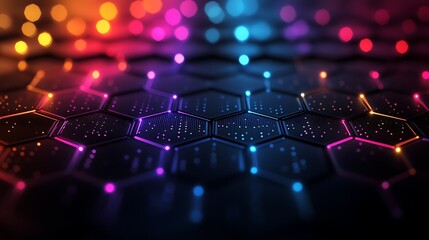 Wall Mural - a dark background with colorful hexagons and light