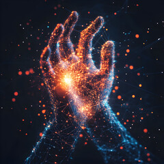 Poster - Cosmic Connection: Two hands, rendered in a mesmerizing web of glowing particles, intertwine against a dark, starry backdrop.  The energy between them pulsates with a vibrant, otherworldly light.