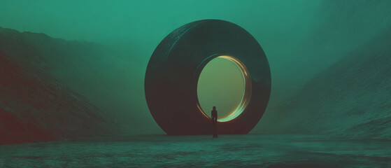 Aufkleber - Mysterious 3D portals reveal otherworldly landscapes in an abstract environment