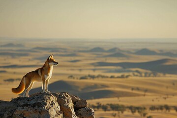 Wall Mural -  dingo standing alert on a rocky outcrop, surveying the vast expanse of the Australian desert.