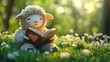 © Woranuch - Cute Lamb Reading a Book in a Sunny Meadow.