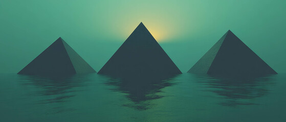 Poster - Mysterious pyramids rise from tranquil waters under a glowing sky