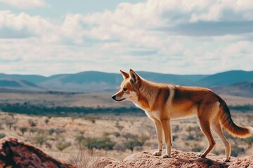 Wall Mural -  dingo standing alert on a rocky outcrop, surveying the vast expanse of the Australian desert.