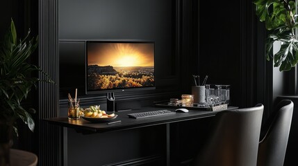 Poster - A modern home office with a black desk, minimalist monitor stand, and sleek chair, set against deep, moody walls for a sophisticated and stylish workspace.