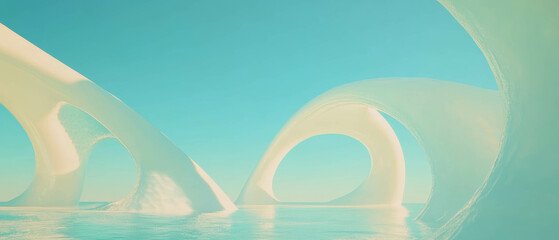 Poster - Dynamic 3D arches create trails of light in an abstract landscape
