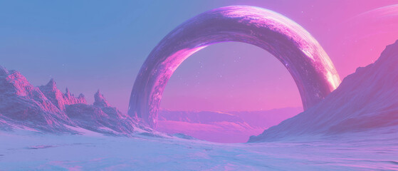 Aufkleber - Vast cosmic landscape framed by 3D arches overlooking a distant planet