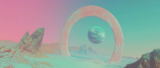 Poster - Vast cosmic landscape framed by 3D arches offers a glimpse of a distant planet