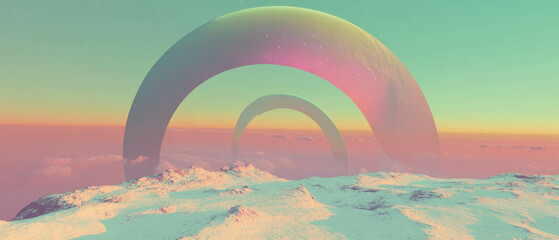 Poster - Cosmic landscape with 3D arches framing a distant planet in a vibrant abstract setting