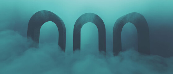 Poster - Swirling fog envelops 3D arches in an ethereal and mysterious atmosphere
