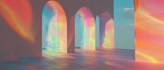 Poster - Dynamic 3D arches with vibrant abstract patterns in a modern art setting