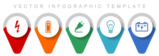Fototapete - Power and energy pointer collection, miscellaneous icons such as bolt, battery, plug and light bulb, flat design vector infographic template in eps 10