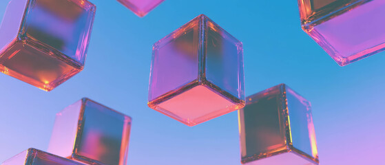 Poster - Floating blockchain blocks create an abstract digital landscape with central empty space