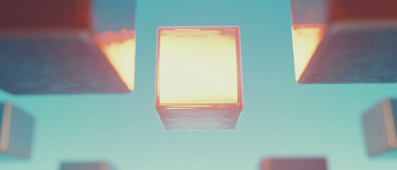 Poster - Floating 3D blockchain blocks create an abstract digital environment with central focus