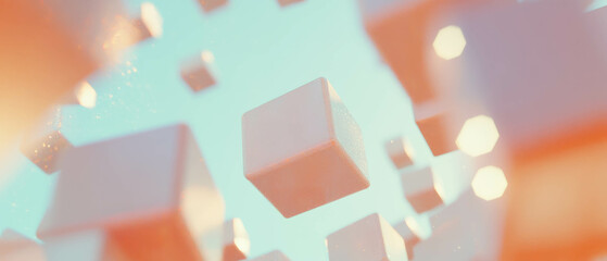 Poster - Dynamic abstract composition of 3D cubes with floating particles and open space