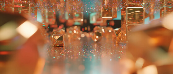 Aufkleber - Complex arrangement of 3D cubes with floating glitter particles creating dynamic abstract art