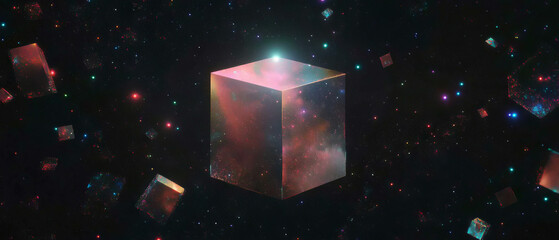 Poster - Floating cubes in a cosmic landscape filled with glittering stars and vastness of space