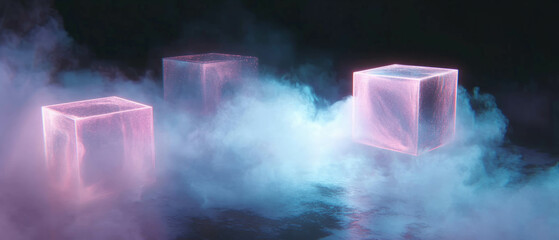 Poster - Swirling smoke and glitter clouds create an ethereal backdrop of floating cubes