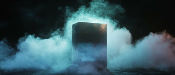 Poster - Ethereal cubes emerge from swirling smoke and glitter in a dark abstract background
