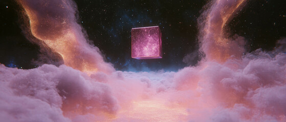 Poster - Abstract 3D cubes of smoke and glitter clouds create an ethereal atmosphere in dark space