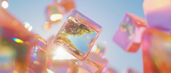Aufkleber - Cubes reflect tranquil landscapes and natural beauty in an abstract design
