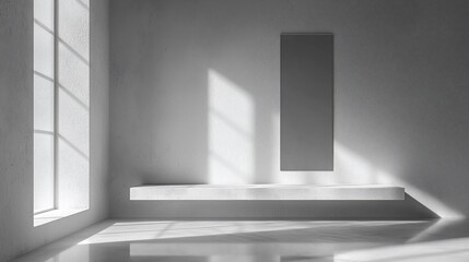 Aufkleber - Minimalist white room with sunlight, window, and shelf.