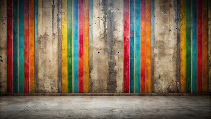 Wall Mural - Striped Wall Interior Design with a Distressed Concrete Floor and Vibrant Hues