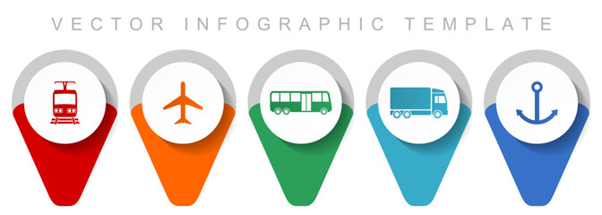 Poster - Transport and vehicles pointer collection, miscellaneous icons such as plane, bus, train, truck and anchor, flat design vector infographic template in eps 10