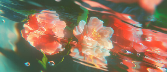 Poster - Surreal reflections of abstract flowers in a liquid environment with vibrant distortions