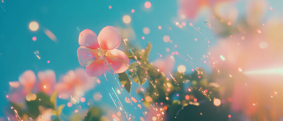 Aufkleber - Vibrant 3D flowers surrounded by swirling particles in an abstract energetic atmosphere