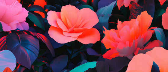 Poster - Vibrant flowers create an energetic, modern art background with bold colors and striking hues