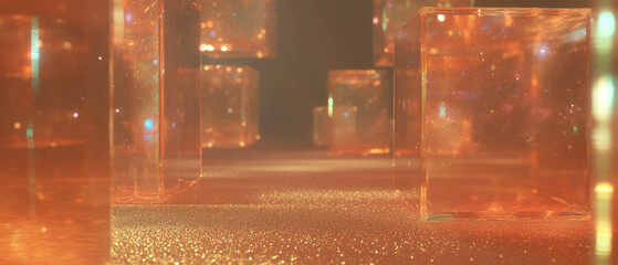Poster - Vibrant 3D glass cubes reflecting light with golden glitter in an elegant abstract setting