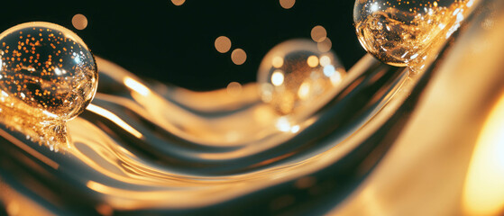 Poster - 3D liquid metal spheres and glitter streams create a mysterious abstract background