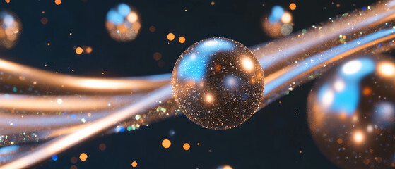 Poster - Dynamic energy of metallic spheres with swirling glitter trails and vibrant colors