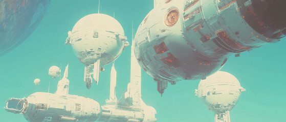 Poster - Visual representation of advanced space technology and futuristic stations depicting exploration