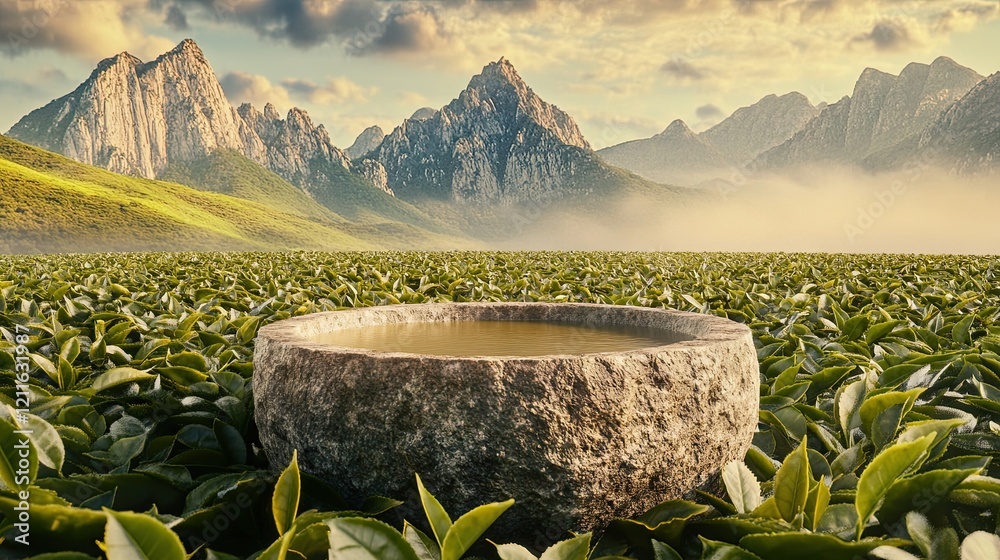 Natural Stone Slab Desk Setting with Soothing Tea Plantation Backdrop ...