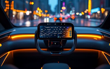 Poster - Night city view from futuristic car interior.