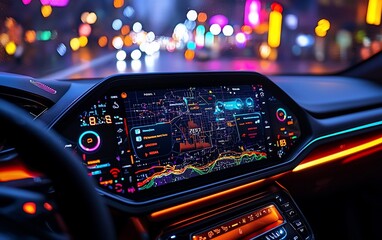 Poster - Futuristic car interior with navigation system at night.